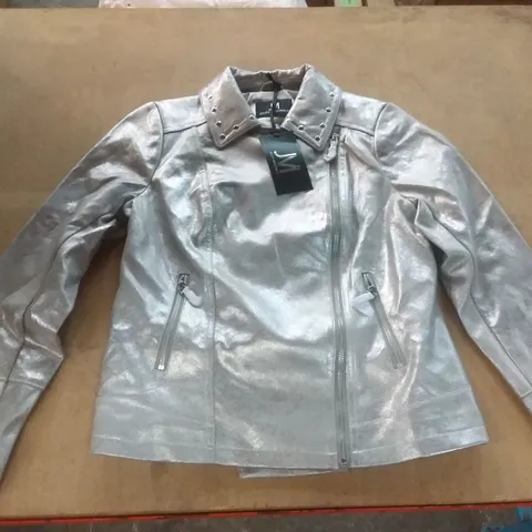 BOX OF APPROXIMATELY 13 JULIEN MACDONALD METALLIC BIKER JACKET IN SILVER SIZE 10