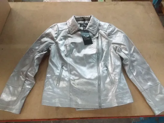 BOX OF APPROXIMATELY 13 JULIEN MACDONALD METALLIC BIKER JACKET IN SILVER SIZE 10