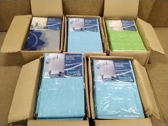 BOX CONTAINING 25 BASARELI PVC SHOWER CURTAINS IN VARIOUS COLOURS