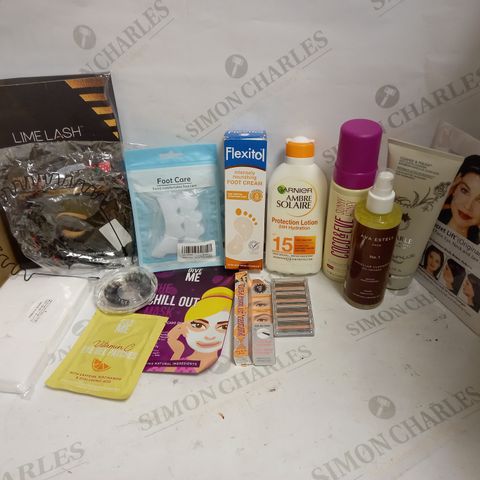 LOT OF APPROX 12 ASSSORTED COSMETIC ITEMS TO INCLUDE LIME LASH LIFT KIT, FLEXITOL FOOT CREAM, AVA ESTELL CLEANSER, ETC