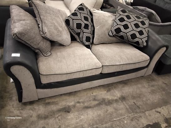 DESIGNER BLACK FAUX LEATHER & GREY FABRIC THREE SEATER SOFA WITH SCATTER CUSHIONS 
