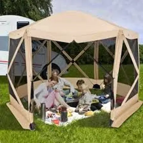 BOXED COSTWAY 346 X 305cm POP-UP SCREEN HOUSE TENT 6-SIDED CAMPING GAZEBO INSTANT SETUP HUB TENT WITH PORTABLE CARRYING BAG - COFFEE