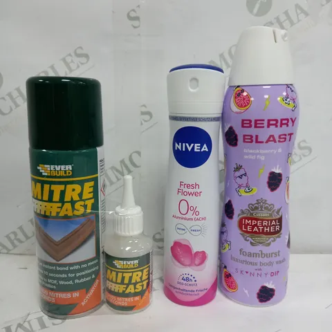 BOX OF APPROX 10 ASSORTED LIQUIDS TO INCLUDE - MITRE FAST, BERRY BLAST FOAMBURST, NIVEA DEODORANT ETC