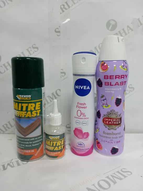 BOX OF APPROX 10 ASSORTED LIQUIDS TO INCLUDE - MITRE FAST, BERRY BLAST FOAMBURST, NIVEA DEODORANT ETC