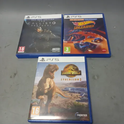 LOT OF 3 PS5 VIDEO GAMES TO INCLUDE HOT WHEELS UNLEASHED, JURASSIC WORLD EVOLUTION 2, THE CALLISTO PROTOCOL
