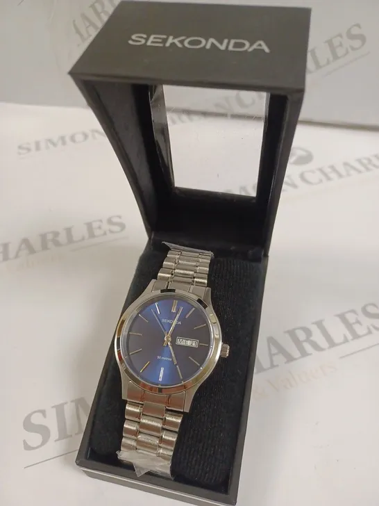 BOXED SEKONDA ALL STAINLESS STEEL BLUE FACED MENS WATCH