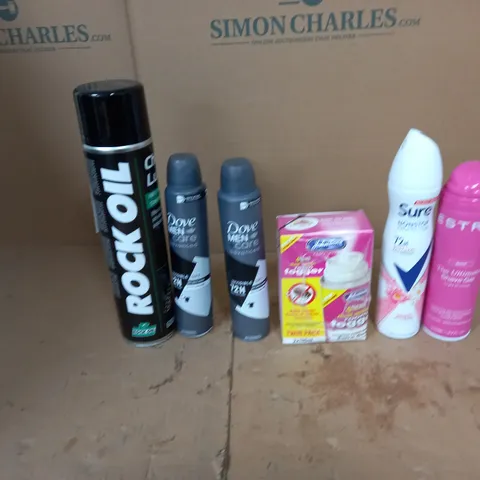 APPROXIMATELY 10 ASSORTED AEROSOLS TO INCLUDE ROCK OIL, DOVE MEN INVISIBLE DRY, AND ESTRID HSAVE GEL ETC. 