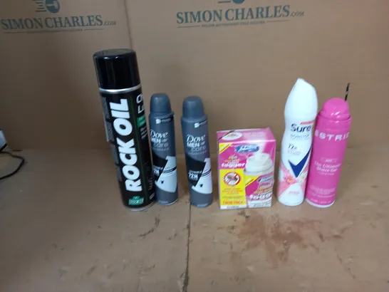 APPROXIMATELY 10 ASSORTED AEROSOLS TO INCLUDE ROCK OIL, DOVE MEN INVISIBLE DRY, AND ESTRID HSAVE GEL ETC. 