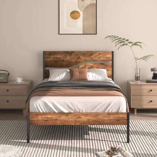 BOXED TWIN METAL BED FRAME WITH WOODEN HEADBOARD 