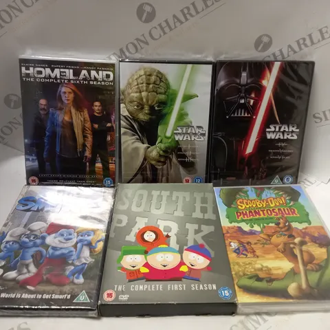 BOX OF APPROX 15 ASSORTED DVDS TO INCLUDE - STAR WARS A NEW HOPE - SOUTH PARK THE COMPLETE FIRST SEASON - SCOOBY-DOO LEGEND OF THE PHANTOSAUR ECT