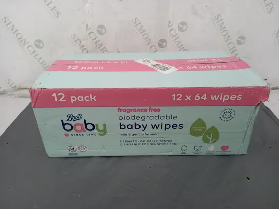 BOOTS BABY 12 PACK FRAGRANCE FREE BIODEGRADABLE BABY WIPES 