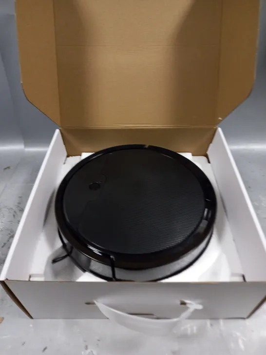 boxed robot vacuum cleaner in black  