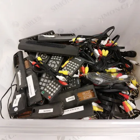 BOX OF APPROX 30 ASSORTED CABLES AND REMOTES FOR VARIOUS ITEMS