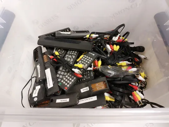 BOX OF APPROX 30 ASSORTED CABLES AND REMOTES FOR VARIOUS ITEMS