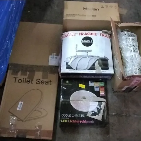 PALLET OF ASSORTED ITEMS INCLUDING TOILET SEAT, GET FIT DOUBLE AIR BED, LED STRIP LIGHT, MOOLAN MULTI-FUNCTIONAL STEAM MOP, BABY TOILET SEAT 