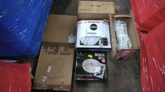 PALLET OF ASSORTED ITEMS INCLUDING TOILET SEAT, GET FIT DOUBLE AIR BED, LED STRIP LIGHT, MOOLAN MULTI-FUNCTIONAL STEAM MOP, BABY TOILET SEAT 