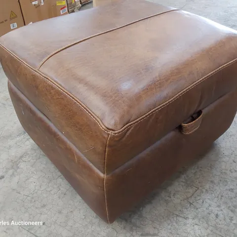 DESIGNER STORAGE FOOTSTOOL DISTRESSED TAN LEATHER 