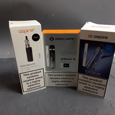 APPROXIMATELY 15 VAPES & E-CIGARETTES TO INCLUDE ASPIRE ZELOS NANO KIT, GEEKVAPE WENAX Q, ASPIRE FLEXUS, ETC