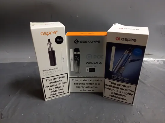 APPROXIMATELY 15 VAPES & E-CIGARETTES TO INCLUDE ASPIRE ZELOS NANO KIT, GEEKVAPE WENAX Q, ASPIRE FLEXUS, ETC