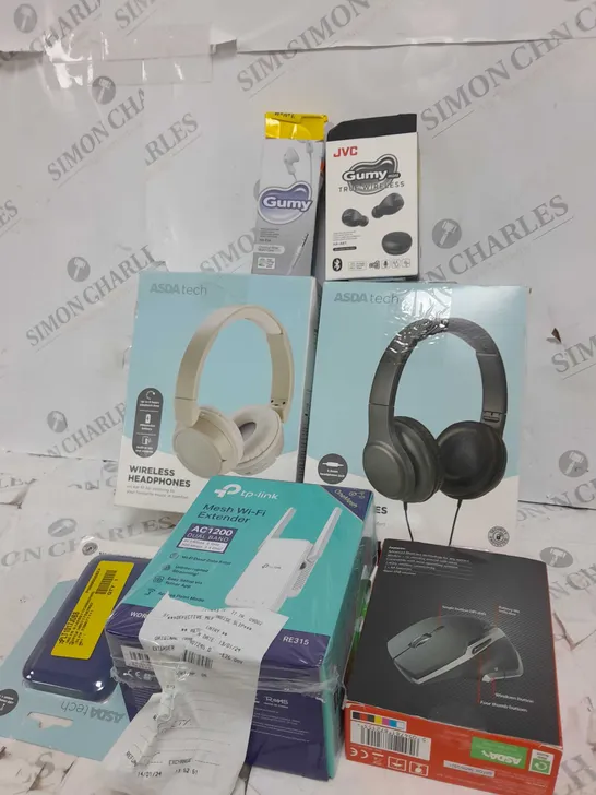 BOX OF APPROXIMATELY 20 ASSORTED ITEMS TO INCLUDE HEADPHONES, WIRELESS MOUSE, TP LINK ETC