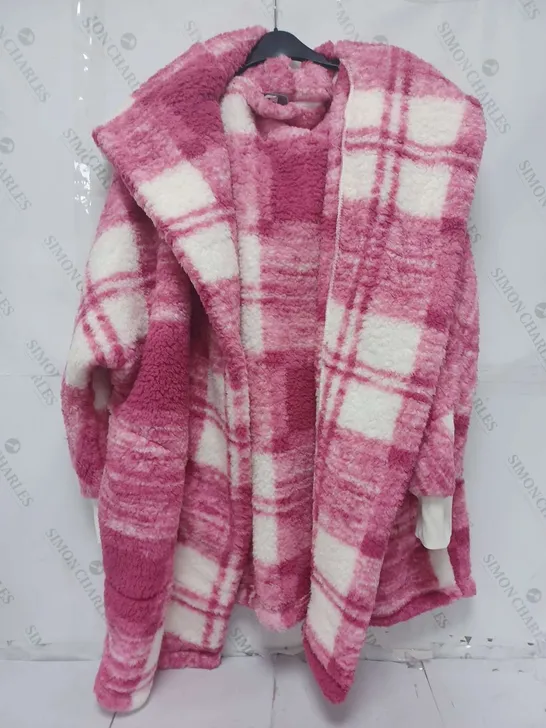 COZEE HOME SHERPA CARDIGAN IN PINK CHECK - SIZE L/XL