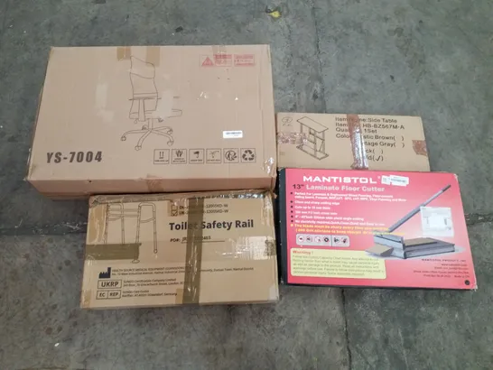 PALLET OF ASSORTED PRODUCTS INCLUDING  OFFICE CHAIR, SIDE TABLE, LAMINATE FLOOR CUTTER, TOILET SAFETY RAIL