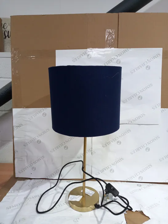 GOLD LIGHT STAND WITH NAVY BLUE LAMP SHADE