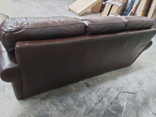 DESIGNER BROWN LEATHER 3 SEATER SOFA WITH SCROLL ARMS