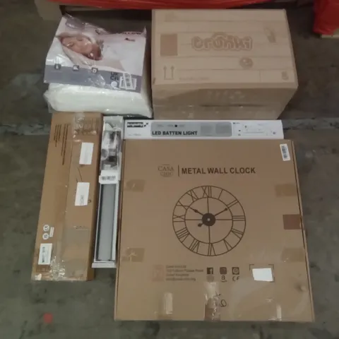 PALLET OF ASSORTED ITEMS INCLUDING CASA CHIC METAL WALL CLOCK, TRUNKI, TANZUOER ROLLER BLIND, LED BATTEN LIGHT, MANUAL DRAIN CLEANER, MEMORY FOAM WEDGE PILLOW