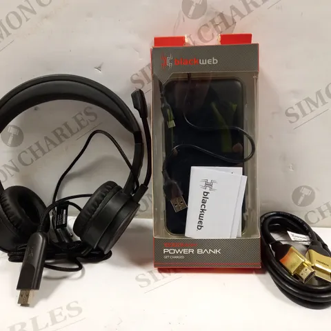 LOT OF APPROXIMATELY 8 ASSORTED BLACKWEB ELECTRICAL ITEMS TO INCLUDE USB PC HEADSET, 10000MAH POWER BANK - BLACK, GOLD EFFECT 1.2M HDMI CABLE, ETC