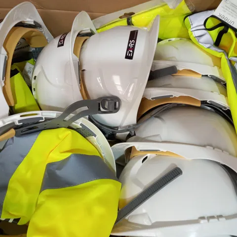CHELMSFORD SAFETY SUPPLIES BOX OF APPROXIMATELY 10 HARD HATS IN WHITE, AND VARIOUS HI-VIS VESTS
