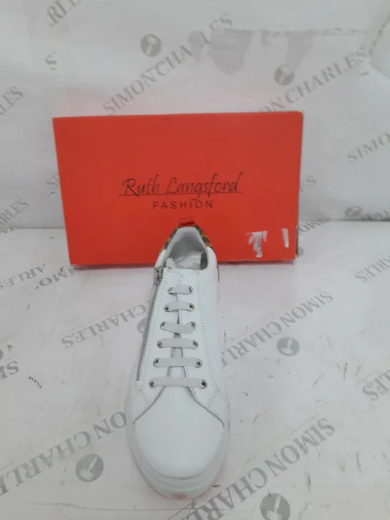 BOXED PAIR OF RUTH LANGSFORD TRAINERS IN WHITE LEOPARD PRINT SIZE 8