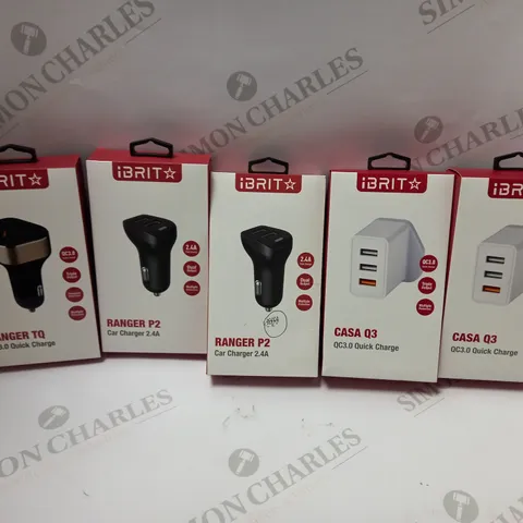 LOT OF 5 IBRIT PRODUCTS TO INCLUDE 2 RANGER P2 CAR CHARGERS 2.4A, 2 CASA Q3 QC3.0 QUICK CHARGE, 1 RANGER TQ QC3.0 QUICK CHARGE