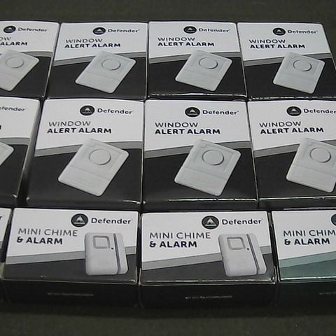 LOT OF 8 ASSORTED HOME DEFENCE ITEMS TO INCLUDE WINDOW ALERT ALARM AND MINI CHIMES