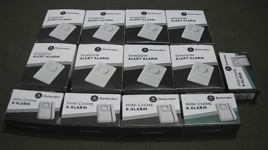 LOT OF 8 ASSORTED HOME DEFENCE ITEMS TO INCLUDE WINDOW ALERT ALARM AND MINI CHIMES