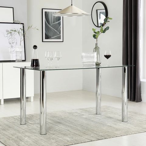 BOXED DESIGNER LUNAR CHROME & GLASS 140CM DINING TABLE (2 OF 2 BOXES, COMPLETE)