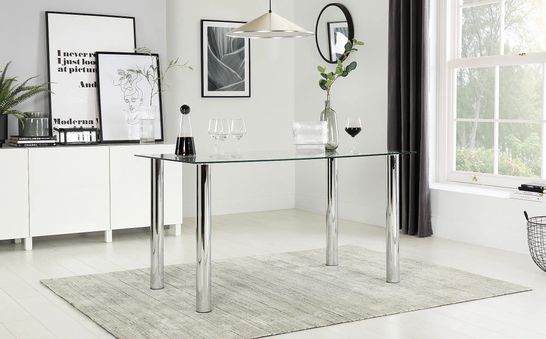 BOXED DESIGNER LUNAR CHROME & GLASS 140CM DINING TABLE (2 OF 2 BOXES, COMPLETE)