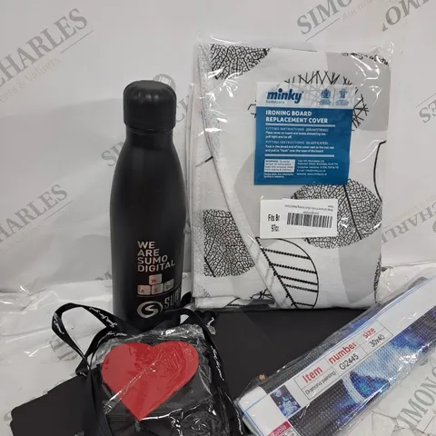 BOX OF APPROXIMATELY 10 ASSORTED ITEMS TO INCLUDE METAL FLASK BOTTLE, IRON BOARD COVER, VALENTINES BAGS ETC