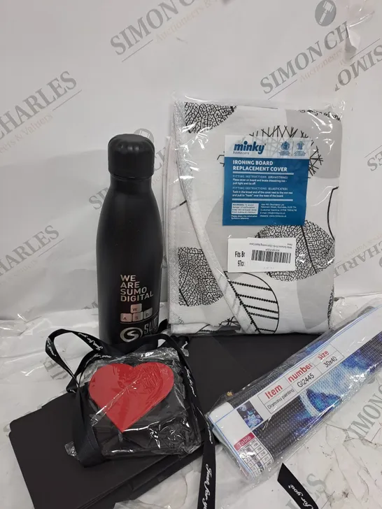 BOX OF APPROXIMATELY 10 ASSORTED ITEMS TO INCLUDE METAL FLASK BOTTLE, IRON BOARD COVER, VALENTINES BAGS ETC