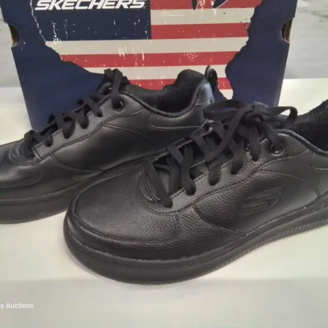 BOXED  PAIR OF SKECHERS BLACK LEATHER TRAINERS - UK 6