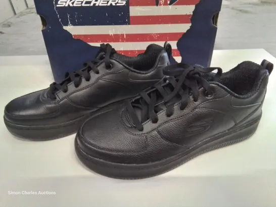 BOXED  PAIR OF SKECHERS BLACK LEATHER TRAINERS - UK 6