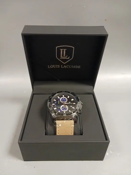 MENS LOUIS LACOMBE WATCH MULTI FUNCTION BLACK DIAL & CASE LEATHER STRAP WATCH 