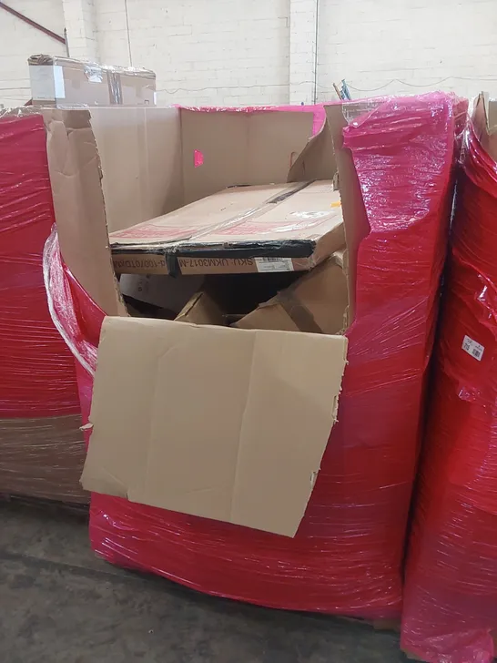 PALLET OF ASSORTED HOUSEHOLD ITEMS AND CONSUMER PRODUCTS TO INCLUDE; FOLDING EXERCISE BIKE, PAN, TOILET SEAT, BOXED FURNITURE ETC 