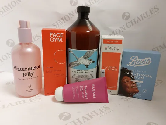 BOX OF APPROX 20 COSMETIC ITEMS TO INCLUDE FACE GYM LIFTWEAR. ELEMIS SUPERFOOD BERRY BOOST MASK, BOOTS HAIR REMOVAL CREAM