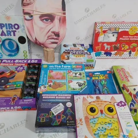 LARGE BOX OF ASSORTED TOYS AND GAMES TO INCLUDE SPIRO ART, JIGSAWS AND MAGNETIC BLOCK SET