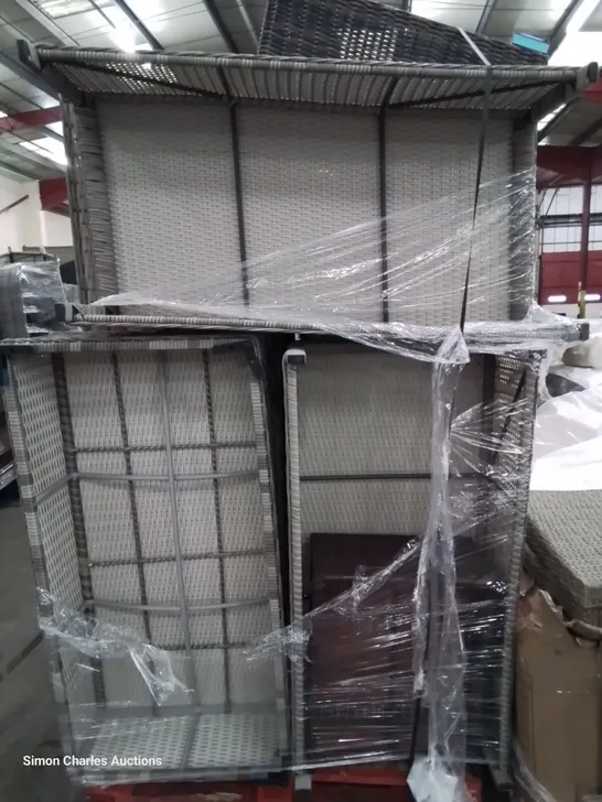 PALLET OF ASSORTED GREY RATTAN GARDEN FURNITURE PARTS INCLUDING FOOTSTOOLS, SOFA SECTIONS. 