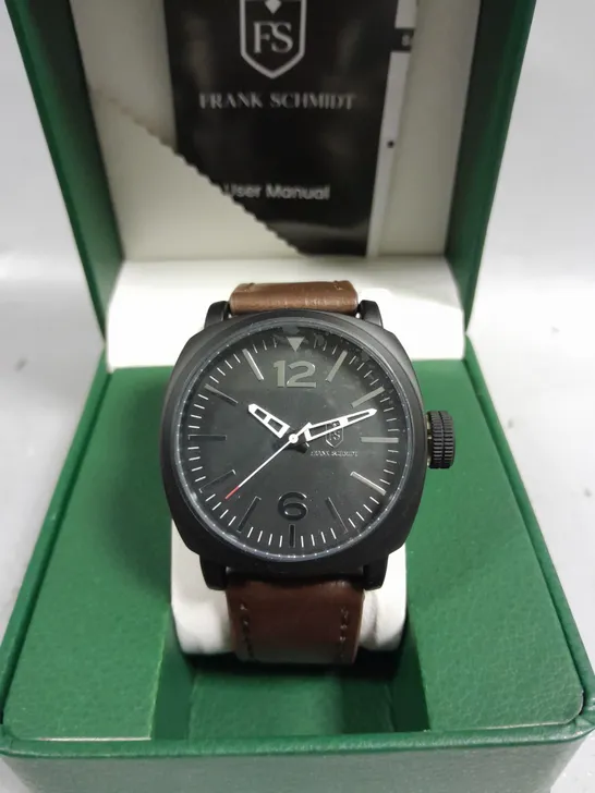 BOXED FRANK SCHMIDT LARGE BLACK CASE BLACK FACE WATCH