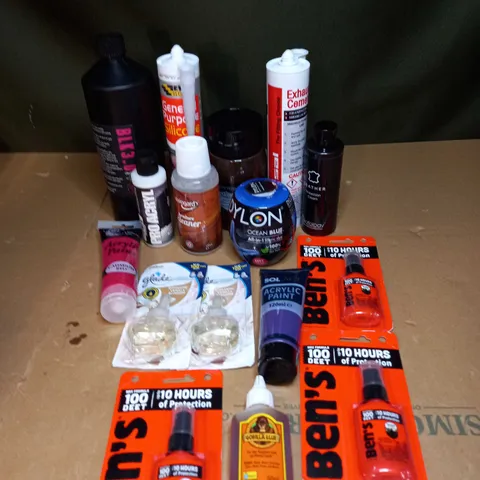 BOX OF ASSORTED ITEMS TO INCLUDE GORILLA GLUE, ACRYLIC PAINT AND SILICONE 