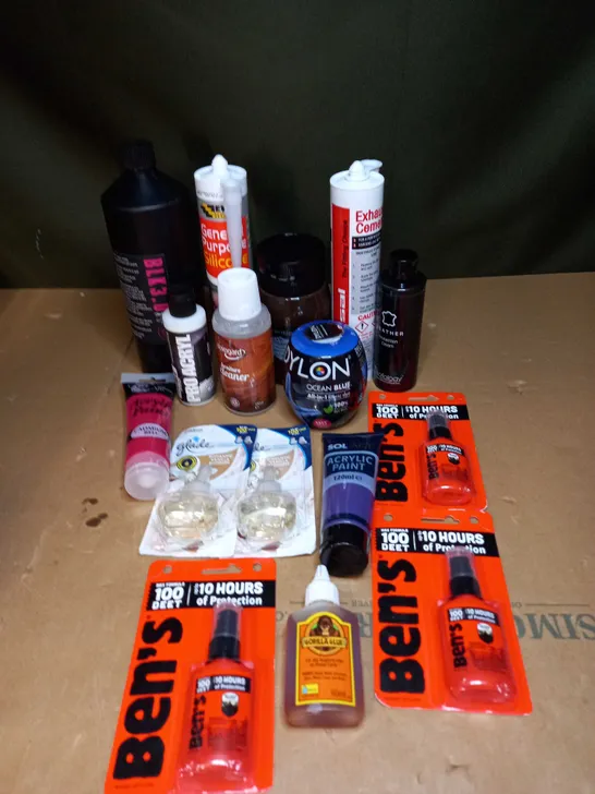 BOX OF ASSORTED ITEMS TO INCLUDE GORILLA GLUE, ACRYLIC PAINT AND SILICONE 