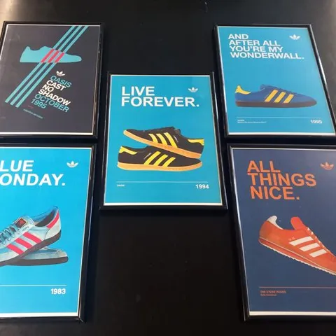 FIVE FRAMED ADIDAS CASUALS/MANCHESTER MUSIC SCENE INSPIRED PRINTS TO INCLUDE BLUE MONDAY/MANCHESTERS, LIVE FOREVER/HAMBURGS AND WONDERWALL/STOCKHOLMS